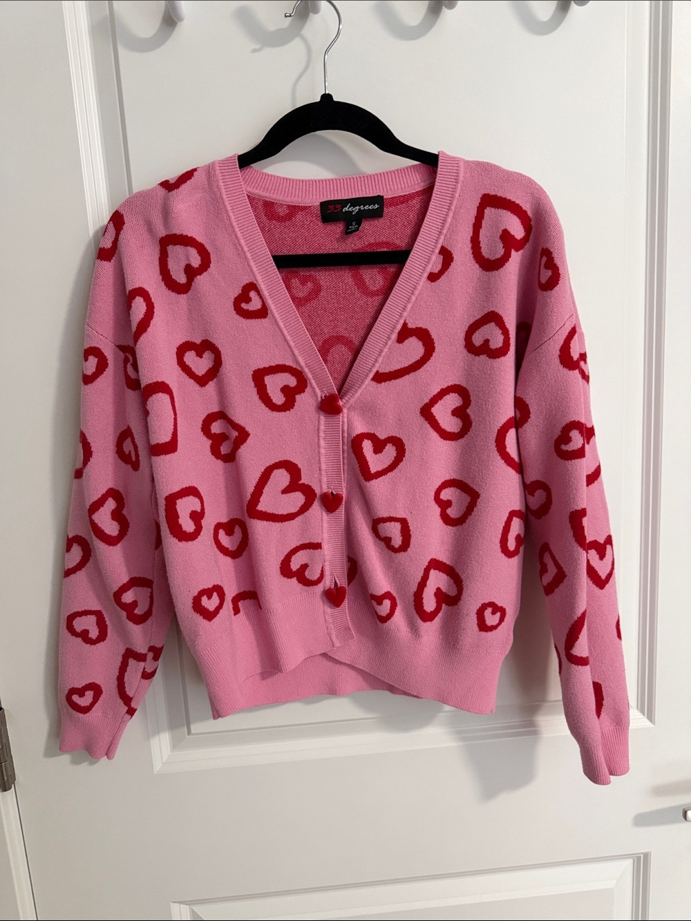 32 Degrees Pink Cardigan with Red Heart Print